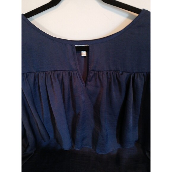 Jennifer Lopez Sheer-Ruffle Blouse -lined-3/4 Sleeve-Navy Blue-W/Large-Pullover - Picture 12 of 16